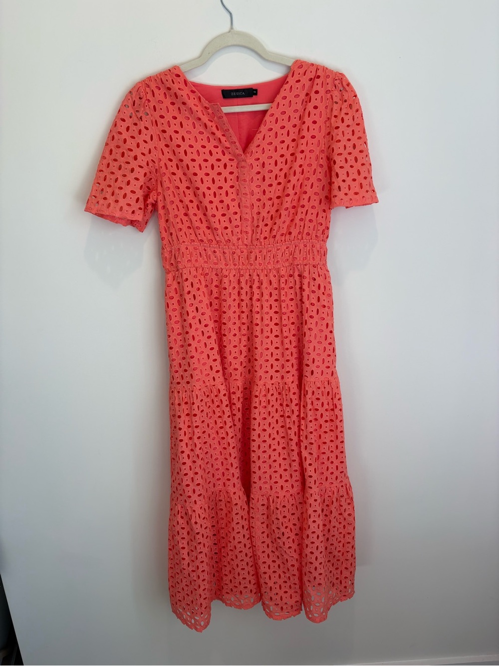 Coral Eyelet Midi Dress with V-Neck and Elastic Waist